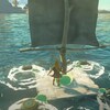 Un personnage en tenue d'aventure verte navigue sur l'eau à bord d'un radeau de fortune. 