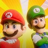 Les personnages Mario et Luigi croisent les bras dans un dessin sur fond de rayons jaunes.
