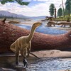 Illustration artistique montrant le Mbiresaurus raathi dans son milieu naturel. 
