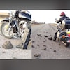 Un motocycliste près d'un morceau de boue.