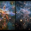 La nébuleuse de la Carène telle qu'observée en lumière visible (à gauche) et en infrarouge (à droite), toutes deux prises par Hubble.