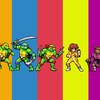 Sept personnages jouables du jeu des Tortues Ninja de Tribute Games côte-à-côte dans un décor multicolore. 