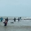 Des gens sont sur une promenade, près de la mer, pendant que l'eau monte.