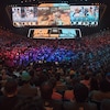 Des partisans rassemblés dans un stade regardent la finale de la première saison de l'Overwatch League.