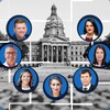 Montage photos des sept candidats à la course à la direction du Parti conservateur uni autour de l'Assemblée législative en Alberta. 