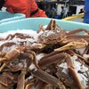 Des crabes des neiges sont conservés dans un bac rempli de glace concassée. En arrière-plan, des pêcheurs sur un quai. 