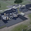 Image de synthèse montrant une usine fabriquant de petits réacteurs modulaires.
