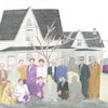 Illustration d'une famille nombreuse qui pose devant une maison et un arbre. 