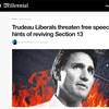 L'article est intitulé « Les libéraux de Trudeau menacent la liberté d'expression en voulant faire renaître la Section 13 ». L'image montre Justin Trudeau devant la Charte des droits et libertés en flammes.