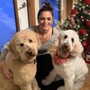 Dayna Karle enlaçant deux chiens devant un arbre de Noël.