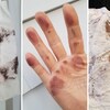 Triptyque de photos montrant des chiffons et une paume de main recouverts de poussière rouge.