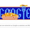 Illustration mélangeant une poutine, une fourchette souriante qui enfourche une frite, et Google.