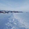 Des maisons sont situées en face de la baie d'Hudson. Le sol est enneigé. 