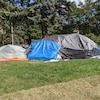 Des tentes montées dans un parc.