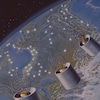 Infographie représentant trois satellites au-dessus de la planète Terre.