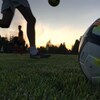 Un ballon est photographié en gros plan sur un terrain de soccer de Vancouver. 