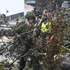 Le soldat retire une branche d'arbre de la rue.