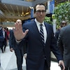 Le secrétaire américain au Trésor Steven Mnuchin après avoir assisté à la conférence du FMI à Washington.