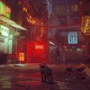 Un chat avec un harnais contemple les rues d'une ville asiatique le soir, dans un jeu vidéo. 