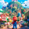 Dans une image d'animation avec de nombreux personnages, Mario, de dos, regarde devant lui.