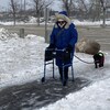 Une personne se promène avec son chien sur un sentier glacé entre le stationnement et le début du Parc Kilcona à Winnipeg. 