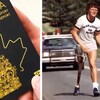 Un montage de deux photos : à gauche le nouveau passeport du Canada et à droite Terry Fox lors de son Marathon de l'espoir.