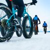 Des cyclistes en vélo d'hiver sur les glaces de la baie des Ha! Ha!, de dos.