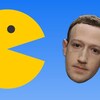 Un Pac-Man géant à côté du visage de Mark Zuckerberg sur un fond bleu. 