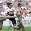 Vancouver Whitecaps' Brian White, back centre, vies for the ball against CF Montreal's Rudy Camacho, left, as Gabriele Corbo, front right, watches during the first half of the Canadian Championship soccer final, in Vancouver, on Wednesday, June 7, 2023. THE CANADIAN PRESS/Darryl Dyck