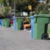 Des bacs à ordures et à recyclage le long d'un trottoir.