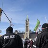 Des policiers d'Ottawa regardent les manifestants devant le parlement d'Ottawa.
