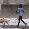 Une personne court sur le trottoir avec son chien en laisse. 