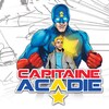 Illustration d'un superhéros et du logo de son nom devant des dessins de bande dessinée.