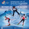 Trois athlètes de ski de fond et de saut à ski se détachent sur fond de montagnes enneigées sur l'affiche des championnats du monde de ski nordique junior