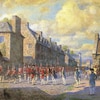 Un bataillon de soldats anglais parade dans les rues de Montréal sur la peinture i>Capitulation de Montréal en 1760</i>.