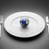 A small planet earth resting on a plate with utensils on either side.