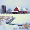 Une ferme dans un paysage hivernal.
