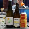 Une bouteille de gin, un cidre, une bière en verre et une cannette de bière disposés sur une table de studio radio. 