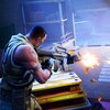 Une capture d'écran du jeu Fortnite: Battle Royale montrant un personnage afro-américain en train de tirer au fusil d'assaut sur un autre personnage qui tente de se cacher derrière une pile de caisses. L'action se déroule dans un hangar.