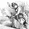 Illustration d'une femme qui administre une fessée à un garçon, tandis qu'une fille court au loin, les bras levés.