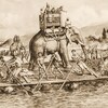 Sur des barques, Hannibal et son armée d’hommes et d’éléphants franchissent le Rhône.