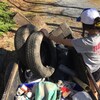 Une élève tient un pneu parmi plusieurs autres déchets dans une petite remorque.