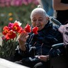 Une femme âgée en fauteuil roulant sourit en regardant des tulipes dans une ferme située à Laval, le 13 mai 2023. 
