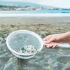Une personne ramasse des microplastiques sur un bord de plage avec une passoire.