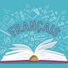 Illustration d'un livre ouvert dont émergent les mots "français", "qui", "parlez", "verbes", "nous", "ne pas", "belle". 