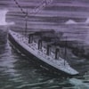 Dessin en noir et blanc représentant le Titanic, entouré d'icebergs, envoyant un message télégraphique.