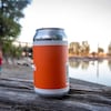Une bière sur un tronc de bois sur une plage.