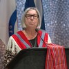La présidente de la nation métisse de l'Alberta, Audrey Poitras, lors de son discours le 27 septembre. 