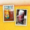 Deux images de bières sur un fond de bulles de bières.