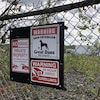 Une affiche indique "Warning, area patrolled by great dane security Co, avec une photo d'un Danois. 